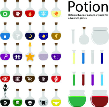 Set of various types of potions, such as blood potions. Potion to increase power, potion, in a fantasy adventure game.