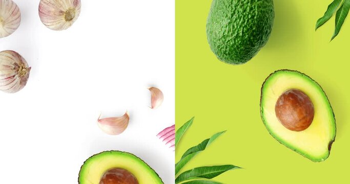 Avocado garlic and onion animation, on the green and white background