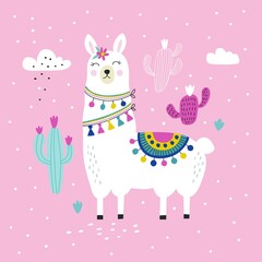 Obraz na płótnie Canvas Card with cute llama. Vector illustrations
