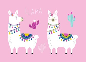 Set with cute llama. Vector illustrations