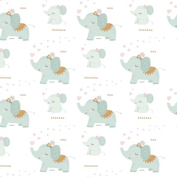 Seamless pattern with cute cartoon elephant. Vector illustration