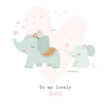 Happy Mother's Day card with cute cartoon elephant. Vector illustration