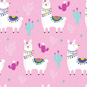 Seamless pattern with cute llama. Vector illustrations