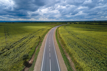 Aerial view of empty intercity road between green agricultural fields. Top view from drone of highway roadway