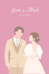 Bride in white dress happily stands beside her Groom in beige suit for their wedding ceremony invitation card flat vector couple characters on pink background.
