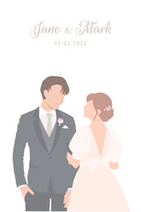 Bride in white dress  happily stands beside her Groom in black suit for their wedding ceremony invitation card flat vector couple characters on white background.