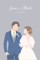 Bride in white dress  happily stands beside her Groom in navy blue suit for their wedding ceremony invitation card flat vector couple characters on gray background.