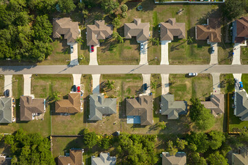 Aerial view of suburban landscape with private homes between green palm trees in Florida quiet residential area