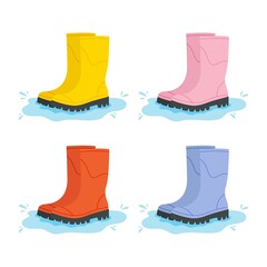 Rubber set boots in a puddle. Vector illustration	
