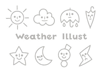 天気のゆるい線画の手描きイラストセット