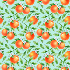 Ripe and delicious orange fruit, flowers on tree branches, seamless pattern. Hand drawn watercolor botanical illustration. Image for wallpaper, textile, wrapping paper, floral ornament.