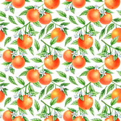 Ripe and delicious orange fruit, flowers on tree branches, seamless pattern. Hand drawn watercolor botanical illustration. Image for wallpaper, textile, wrapping paper, floral ornament.