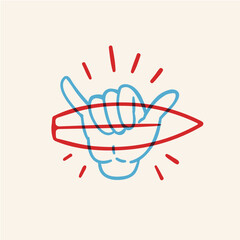 Shaka Surf Sign, Overlay Over Surfboard, Line Art. Riso Printing Technique Surfing Design for Prints, Tshirts, Cafes. Editable Vector, Isolated Background.