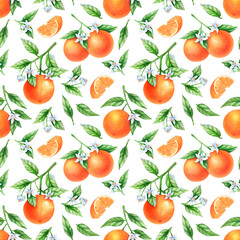 Ripe and delicious orange fruit, flowers on tree branches, seamless pattern. Hand drawn watercolor botanical illustration. Image for wallpaper, textile, wrapping paper, floral ornament.