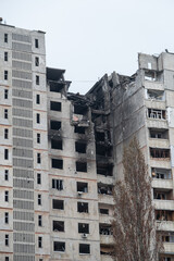 War in Ukraine 2022. Destroyed, bombed and burned residential building after Russian missiles in Kharkiv Ukraine. Russian aggression, conflict. Russian attack on Ukraine. Russia is bombing Ukraine