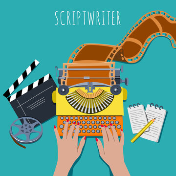 Creating a script for a movie, video. Women's hands are typing on a typewriter. The work of a screenwriter