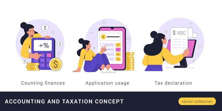 Accounting and Taxation concept. Vector cartoon illustration in a trendy flat style of a young woman doing finance calculations on a calculator, computer, and smartphone app. Isolated on white