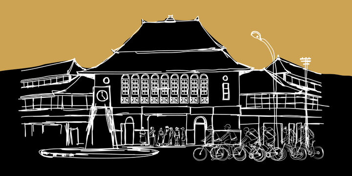 Freehand sketch of Pasar Gede, Solo, Central Java, Indonesia. vector illustration
