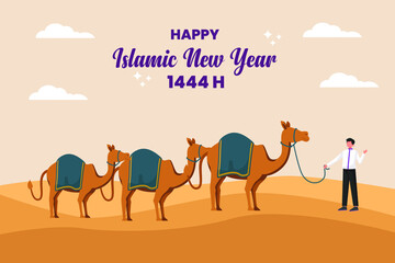 Young boy muslim herding camels in the desert during the day. Happy Islamic New Year. Flat vector illustration isolated.