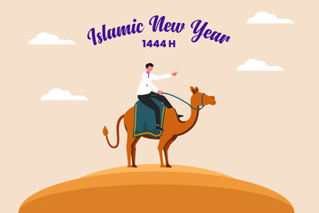 Young boy muslim riding with camel in desert. Happy Islamic New Year. Flat vector illustration isolated.