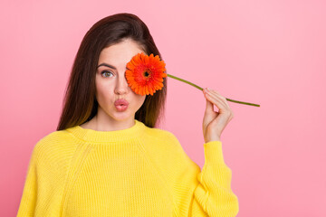 Fototapeta premium Photo of young pretty girl cover eye flower pouted lips cosmetology procedure isolated over pink color background