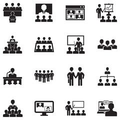 Business Meeting Icons. Black Flat Design. Vector Illustration.
