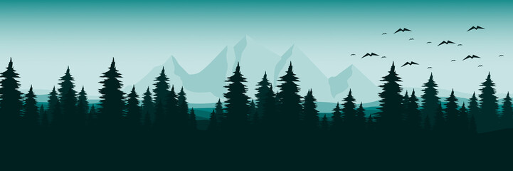 mountain scenery with tree flat design landscape vector illustration good for wallpaper, background, backdrop, banner, game art, web, tourism, travel, and design template