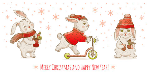 Rabbit Christmas. Bunny New year. Chinese 2023 happy year vector. Cute Christmas winter animal background. Adorable snow hare banner card. Cartoon sketch xmas holiday rabbit in sweater. White bunny