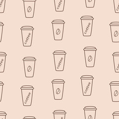 Paper cup for coffee and hot drinks. Seamless pattern vector illustration, background.