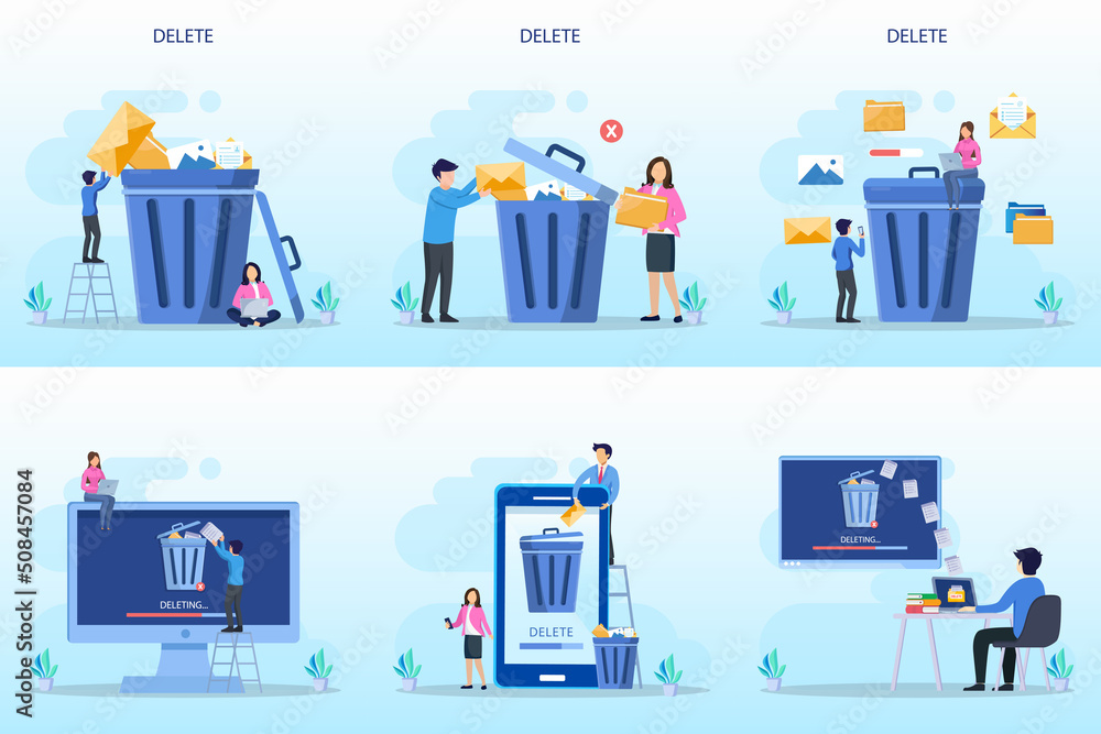 Poster delete concept. deleting data and move unnecessary files to the trash bin. illustration vector