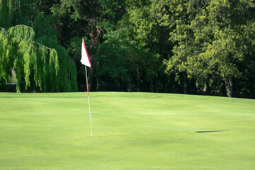 Obraz premium Golf course with no people. White flag in a resort golf club. Empty copy space for Editor's text.