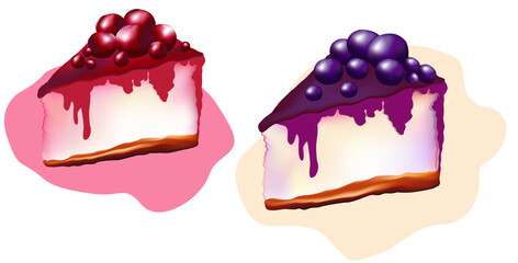 Delicious appetizing sweets, pie cakes, pies with berries, cheese, cranberries, blueberries, blackberries, cherries. Vector illustration for kids, postcards, cafe.