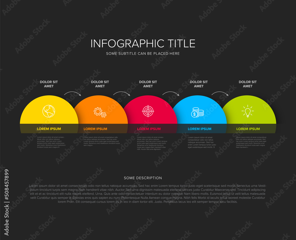 Poster five circle steps elements template with stripe and arrows on dark background