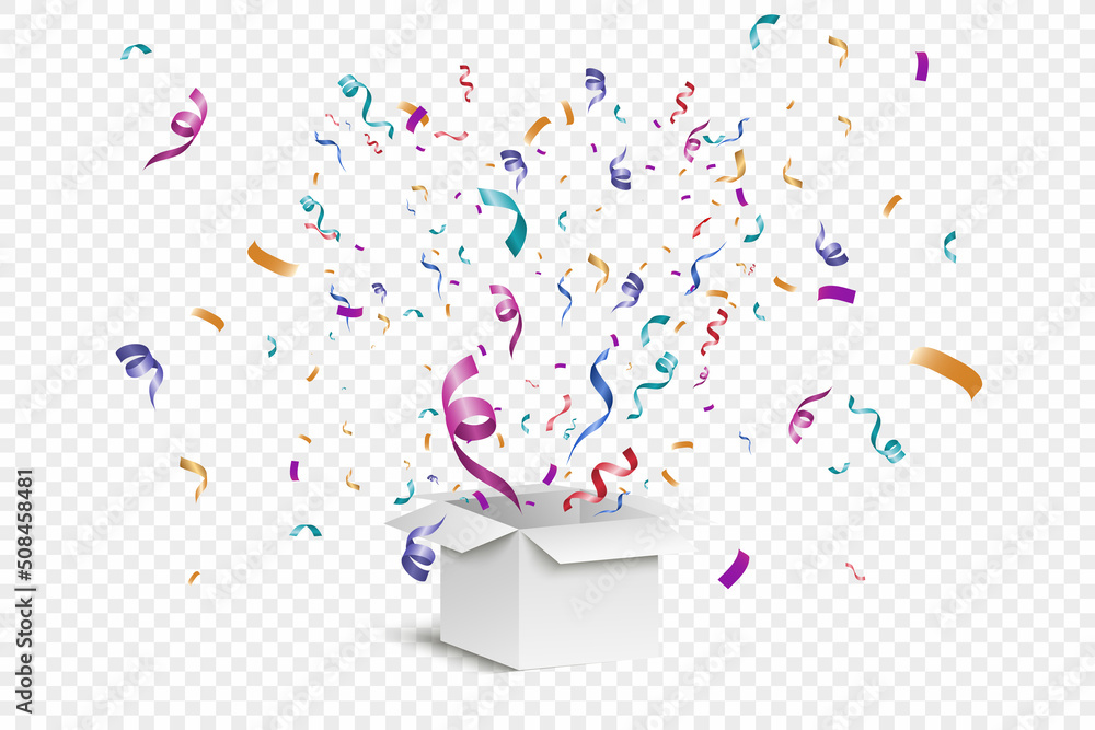 Poster Lots of colorful tiny confetti and ribbons on transparent background. Festive event and party. Multicolor background.Colorful bright confetti isolated on transparent background.	