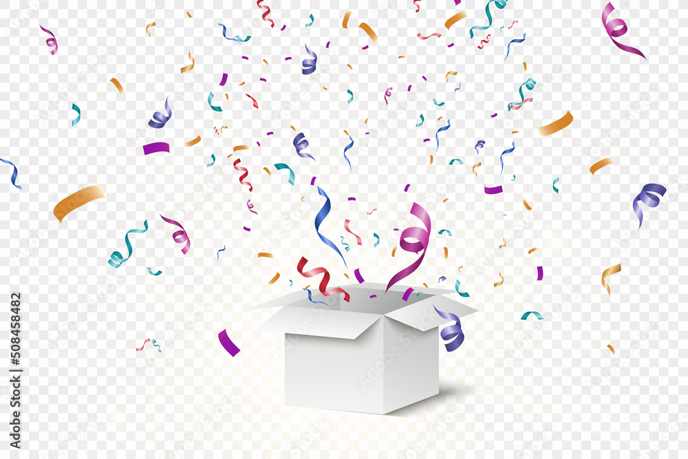 Poster Lots of colorful tiny confetti and ribbons on transparent background. Festive event and party. Multicolor background.Colorful bright confetti isolated on transparent background.	