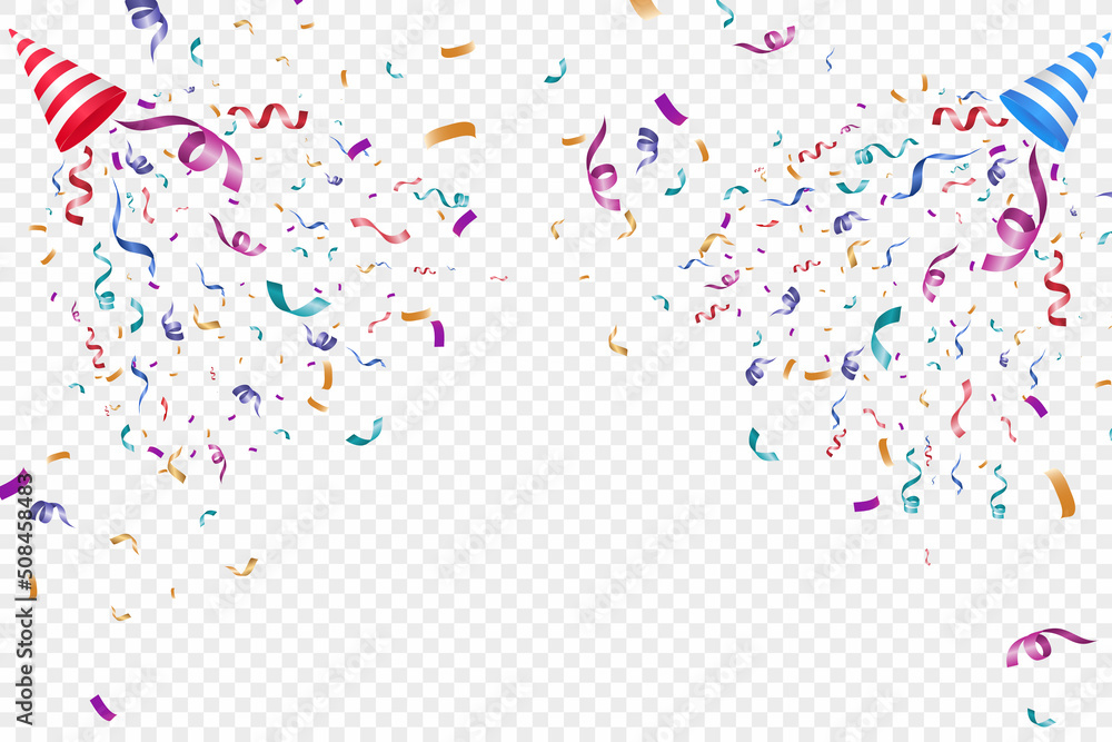 Poster Lots of colorful tiny confetti and ribbons on transparent background. Festive event and party. Multicolor background.Colorful bright confetti isolated on transparent background.	