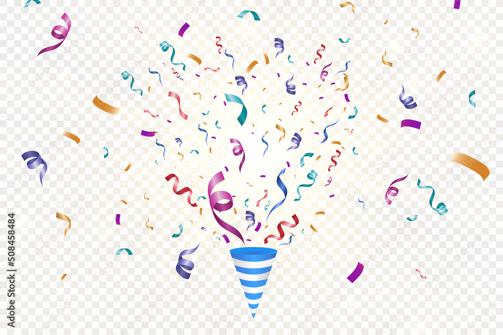 Poster Lots of colorful tiny confetti and ribbons on transparent background. Festive event and party. Multicolor background.Colorful bright confetti isolated on transparent background.	