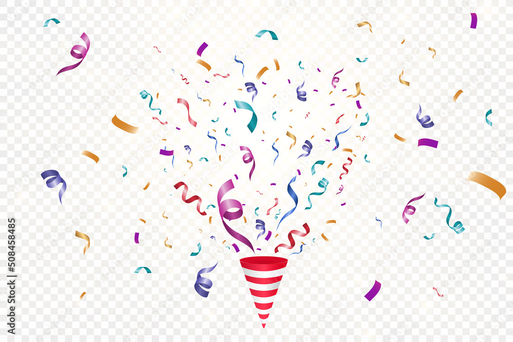 Poster Lots of colorful tiny confetti and ribbons on transparent background. Festive event and party. Multicolor background.Colorful bright confetti isolated on transparent background.	
