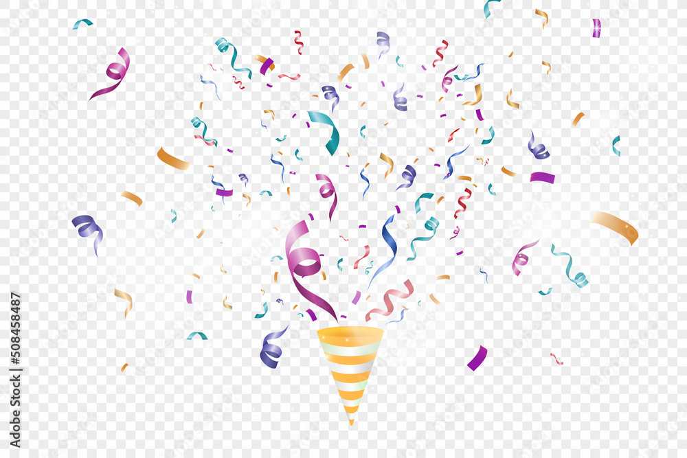 Poster Lots of colorful tiny confetti and ribbons on transparent background. Festive event and party. Multicolor background.Colorful bright confetti isolated on transparent background.	
