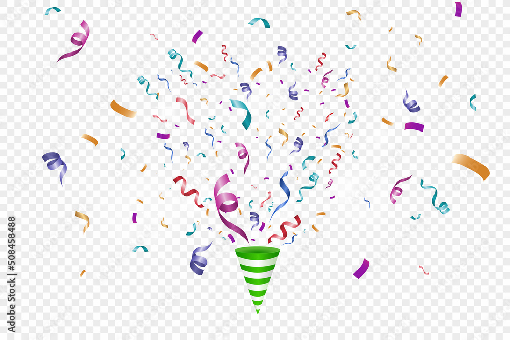 Poster Lots of colorful tiny confetti and ribbons on transparent background. Festive event and party. Multicolor background.Colorful bright confetti isolated on transparent background.	