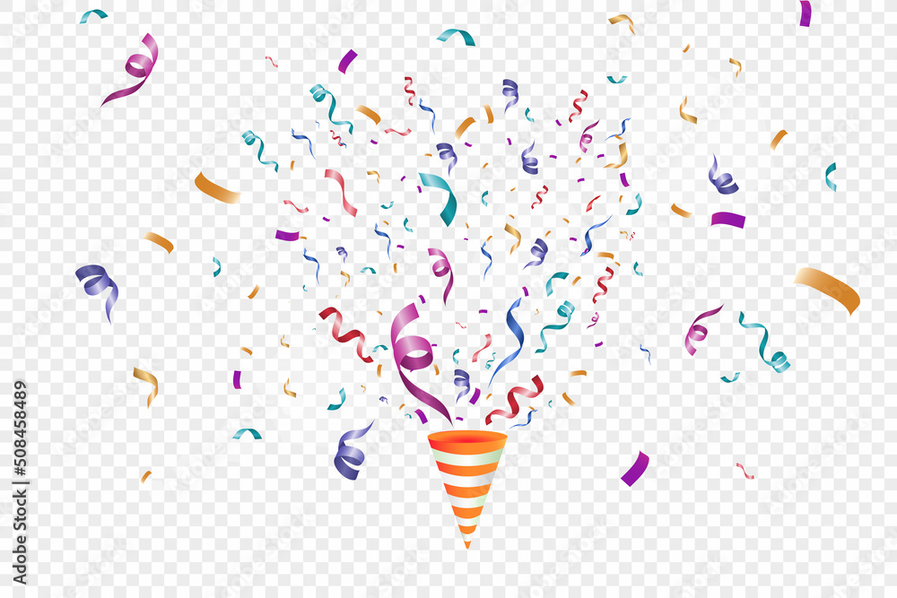 Poster Lots of colorful tiny confetti and ribbons on transparent background. Festive event and party. Multicolor background.Colorful bright confetti isolated on transparent background.	