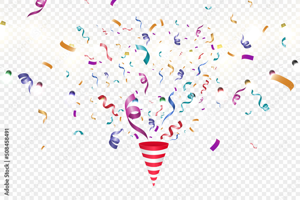 Poster Lots of colorful tiny confetti and ribbons on transparent background. Festive event and party. Multicolor background.Colorful bright confetti isolated on transparent background.	