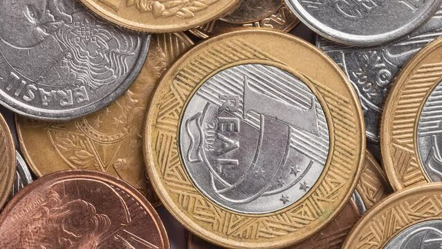 Closeup of assorted brazilian real coins