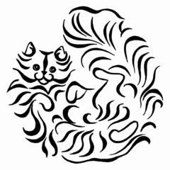 Curly longhair cat lies on its back. Cat drawing in sketch style on white background. Fluffy cat linear drawing. Black and white hand draw picture. Calligraphy image.