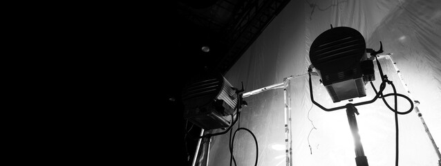 Black and white images of big studio continue LED light for video or film movie production on...