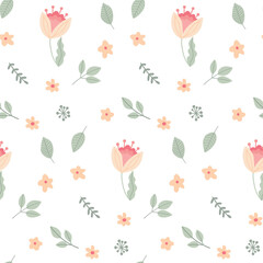 Seamless pattern with childish flowers on white background. Cute vector illustration with floral elements, for design, fabric and textiles.