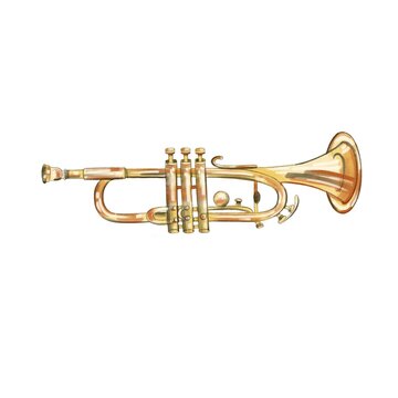 trumpet isolated on white background. Illustration of a musical trumpet in watercolor style. Sketch of a saxophone in color for postcards, posters, logos.