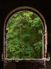 Window in the castle. Window in the ruins. Ruins of the castle. Big window. Trees outside the window. Abandoned place. Bricks.
