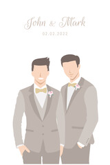 Gay couple grooms in beige suits happily stands beside each other for their wedding ceremony invitation card flat vector characters on white background