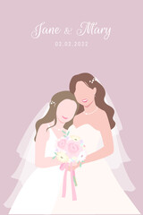 LGBTQ brides couple white dresses happily stands beside each other for their wedding ceremony invitation card flat vector characters on nude pink background